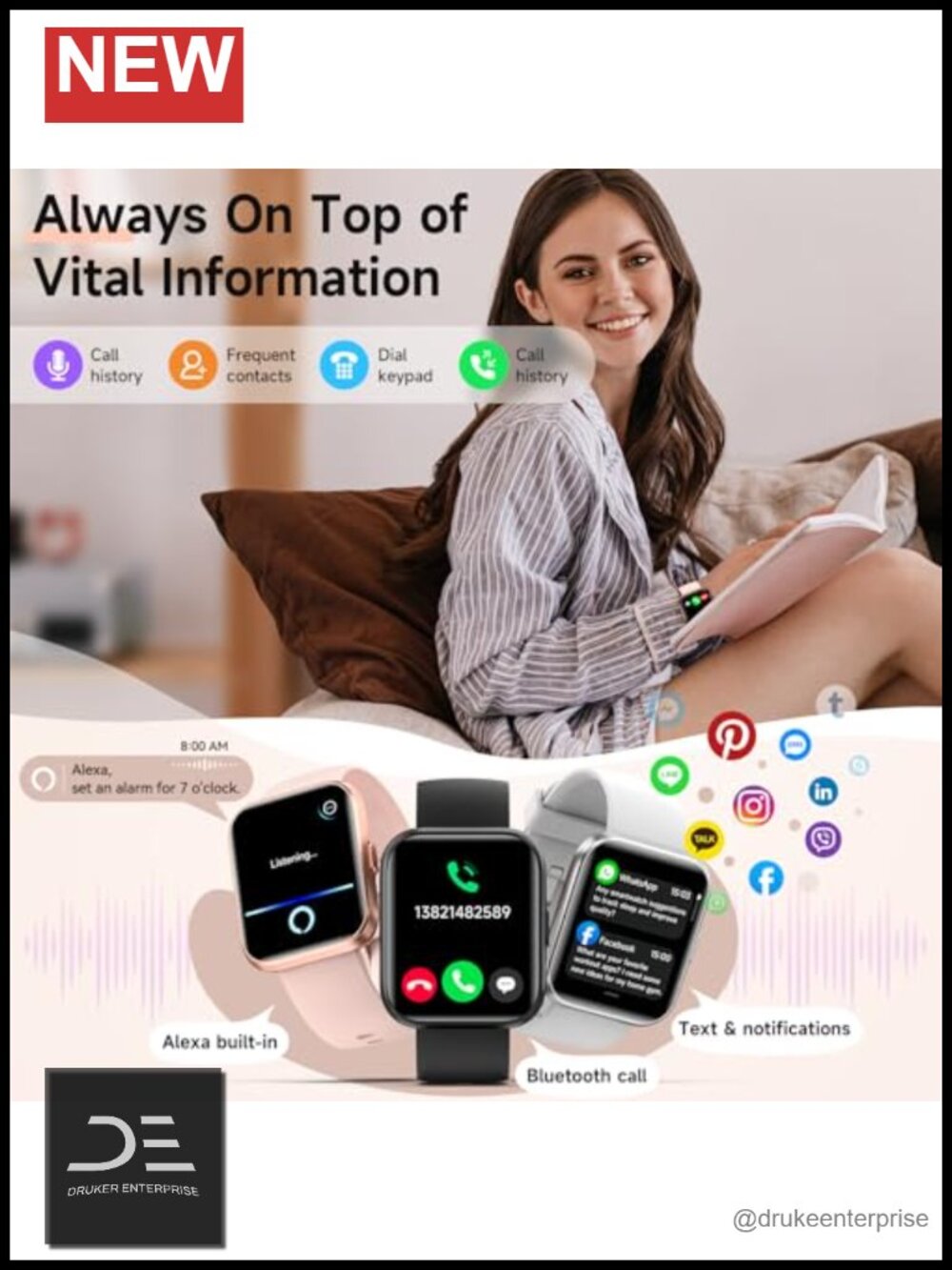 1.8" Smartwatch Fitness Tracker with Bluetooth Calls, Heart Rate, SpO2, Alexa,